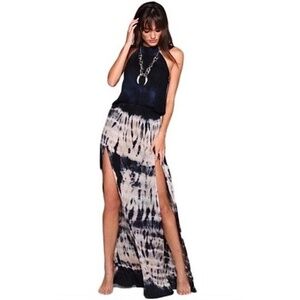 BLUE LIFE Double Slit Halter Maxi Dress Fiji Nights Navy Tie Dye Boho Medium